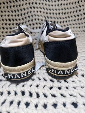 CHANEL Black & Cream Logo Heel Low-Top Sneakers